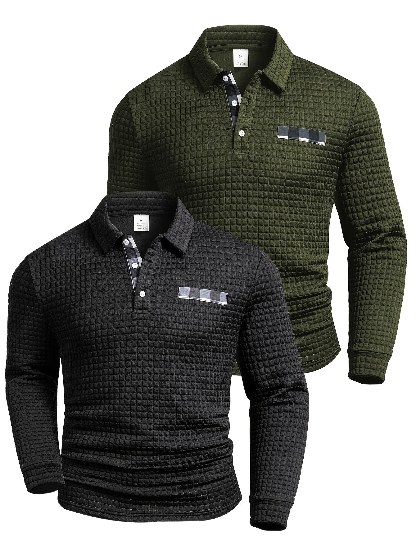 Polo homme à manches longues texturé quadrillé bicolore col chemise