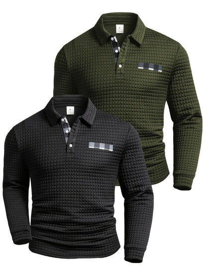 Polo homme à manches longues texturé quadrillé bicolore col chemise