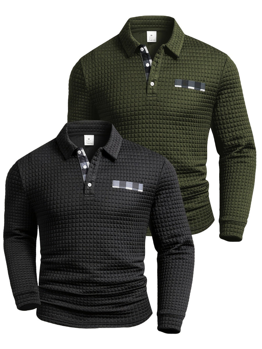 Polo da uomo a maniche lunghe, testurizzato a quadri bicolore, con colletto a camicia