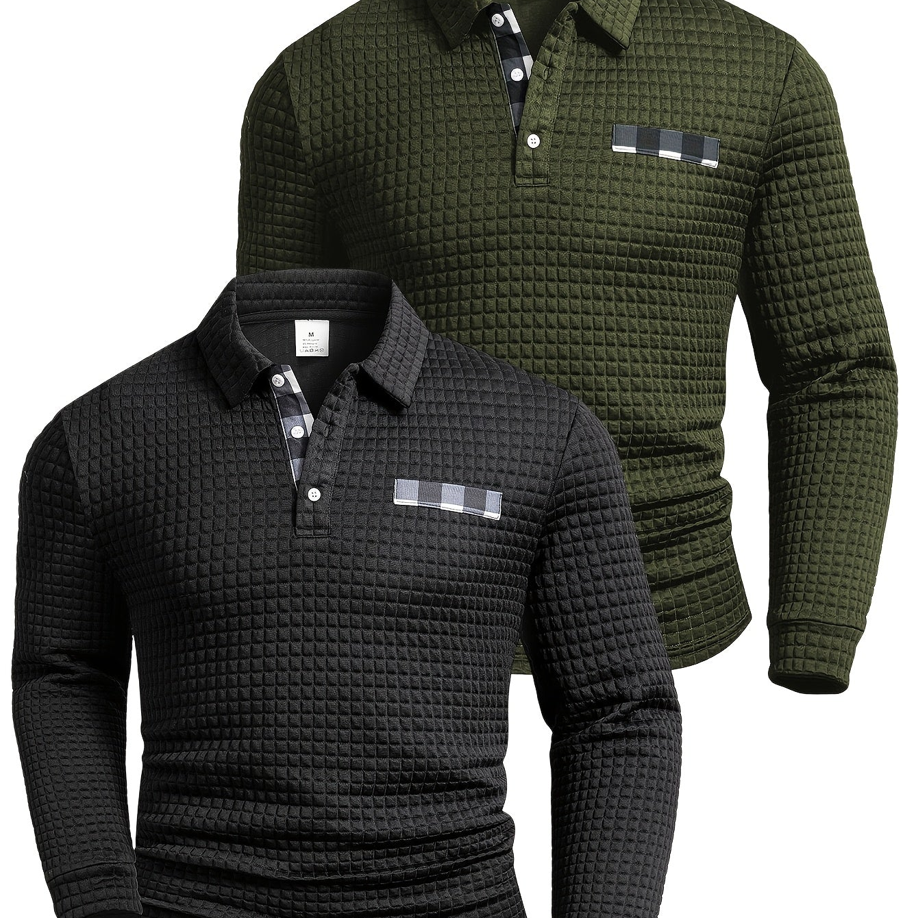 Polo homme à manches longues texturé quadrillé bicolore col chemise