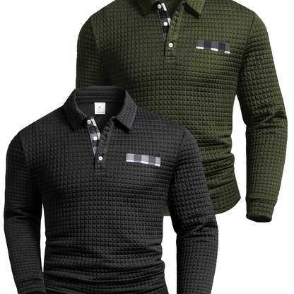 Polo homme à manches longues texturé quadrillé bicolore col chemise
