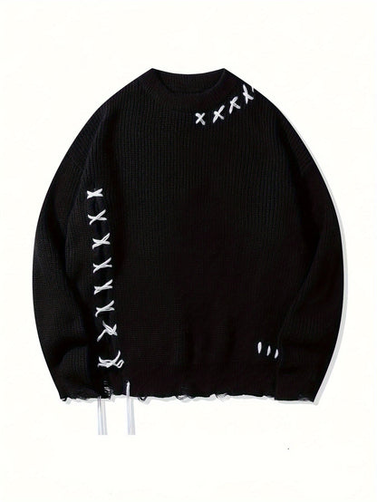 Pull en maille unisexe noir à col rond avec détails de lacets et ourlet effiloché