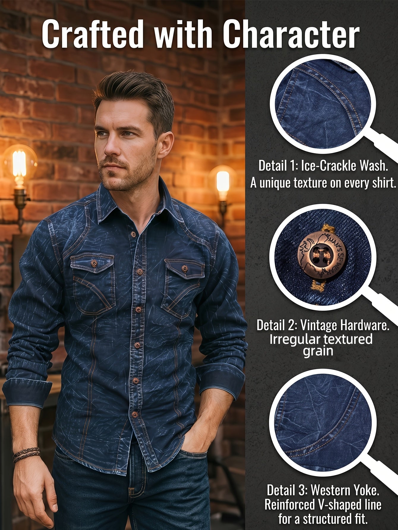 Chemise Homme Effet Délavé Bleu Foncé Manches Longues Boutons Marron