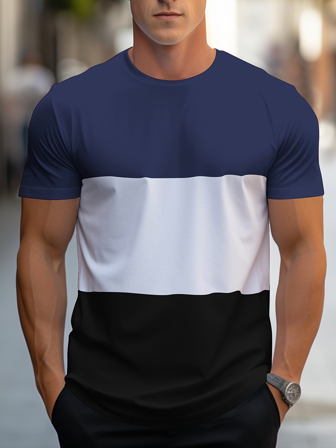 T-shirt Homme Style Décontracté à Bandes Contraste pour Usage Quotidien