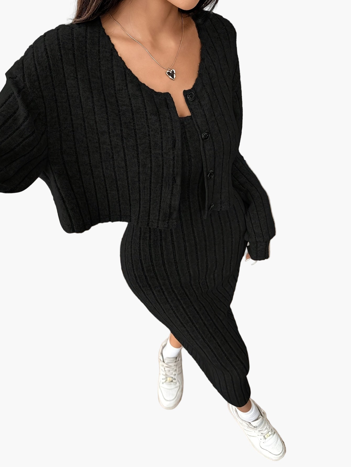 Completo Donna Elegante Due Pezzi Maglione con Bottoni e Gonna Lunga Stile Casual Primavera Autunno