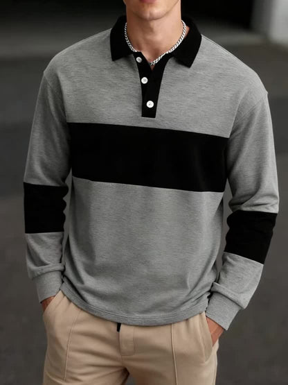 Polo à manches longues homme bicolore rayé col noir
