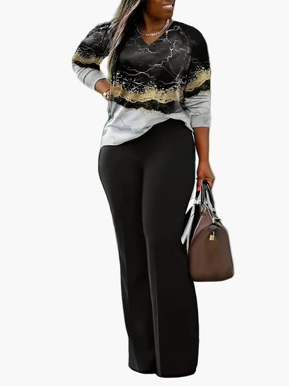Haut à motif géométrique et pantalon large femme style décontracté pour printemps et été