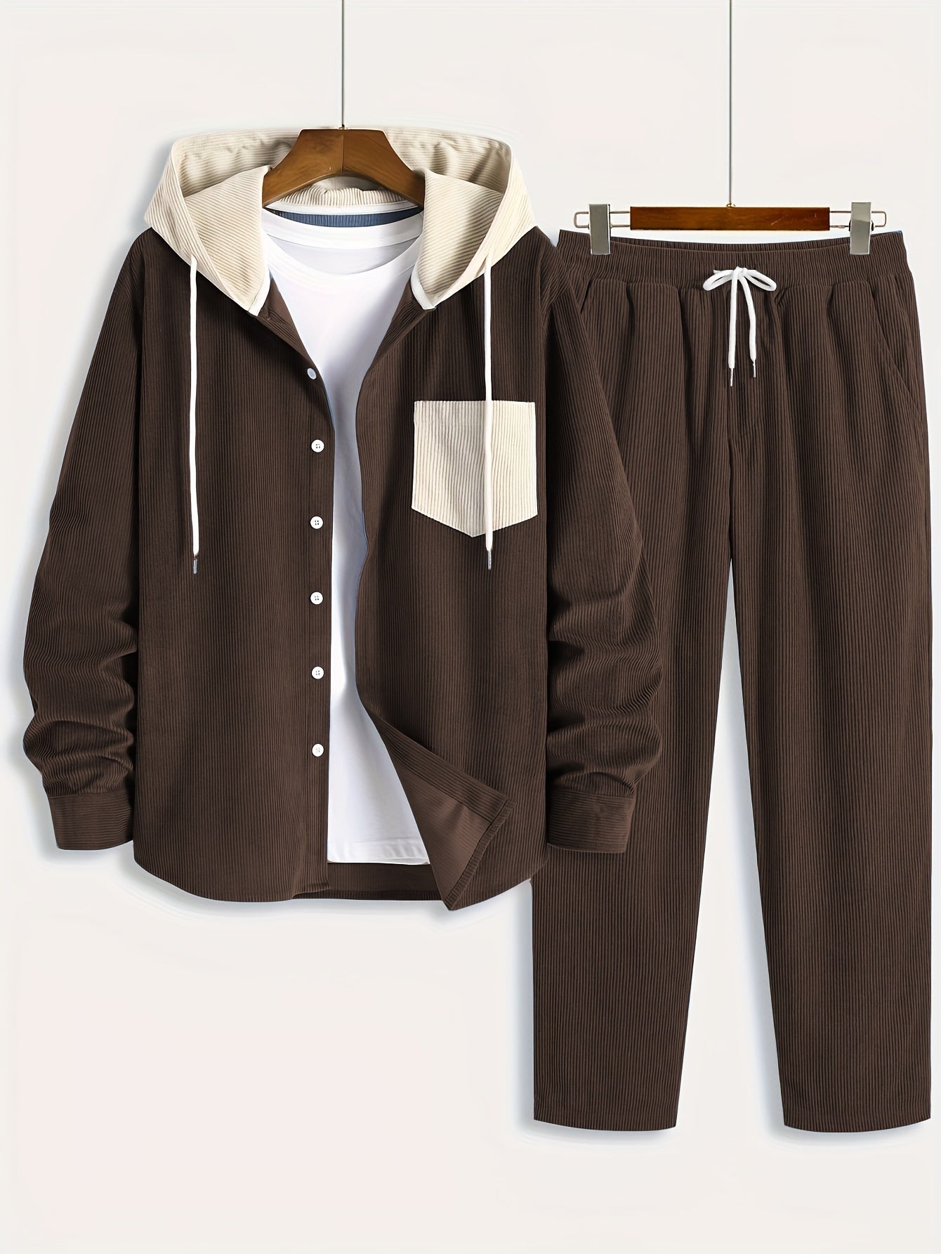 Ensemble Homme Côtelé Chemise à Capuche et Pantalon Couleur Unie
