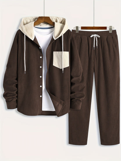 Ensemble Homme Côtelé Chemise à Capuche et Pantalon Couleur Unie