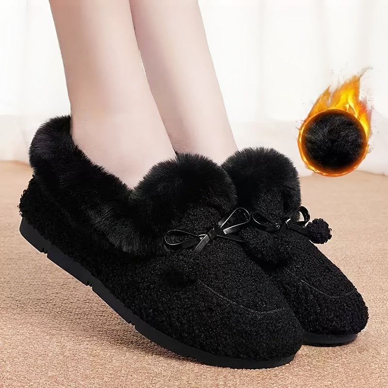 Mocassins Femme Doux et Chauds Noirs avec Nœuds Décoratifs