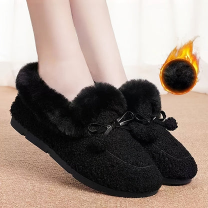 Mocassins Femme Doux et Chauds Noirs avec Nœuds Décoratifs