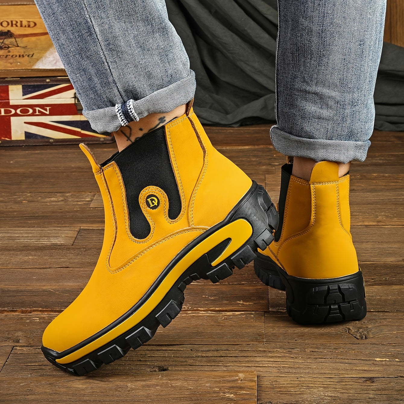Bottes Chelsea Homme Robustes Semelle Crantée Jaune Noir