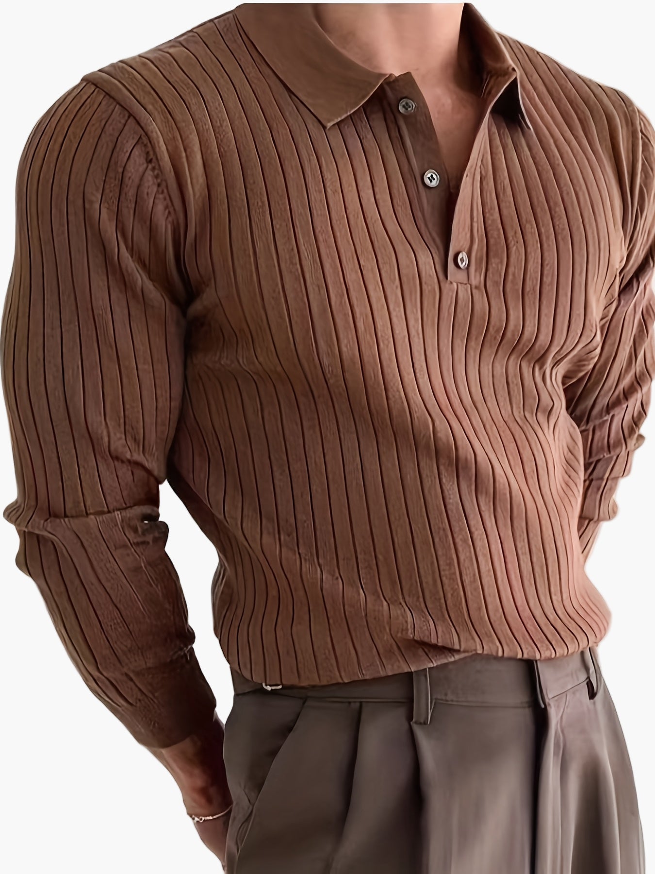 Polo hombre elegante de manga larga estilo casual con cuello abierto – Ideal otoño/invierno
