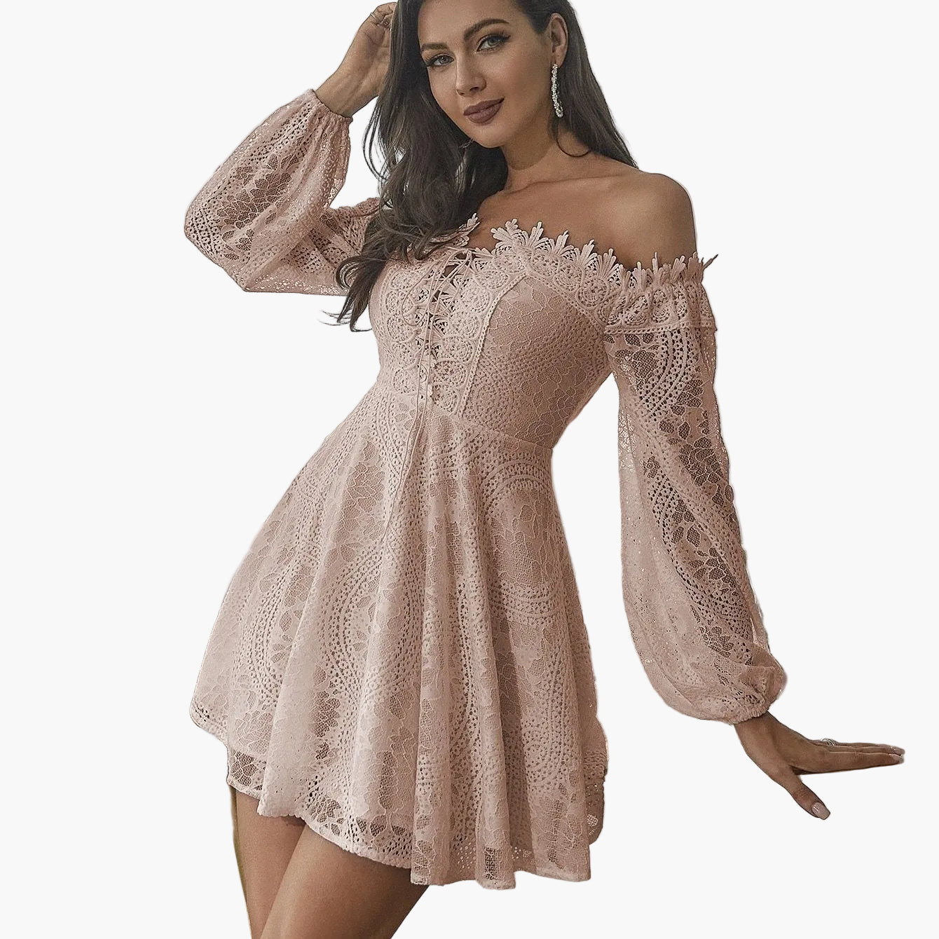 Vestido elegante con hombros descubiertos estilo bohemio para mujer – Noche, cóctel, primavera/verano