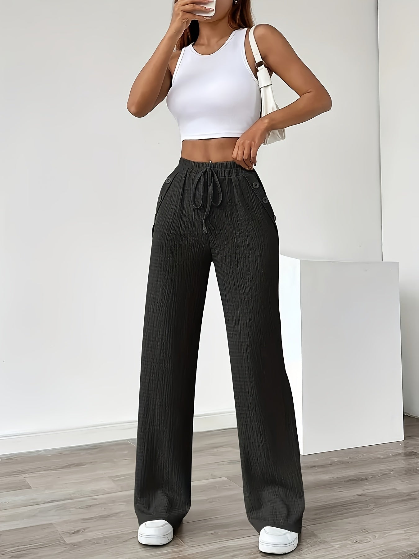 Pantalon décontracté droit taille haute pour femme - Style urbain chic et confortable