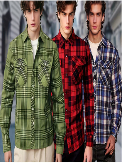 Chemise à Carreaux Homme Manches Longues à Col Classique et Poches Poitrine
