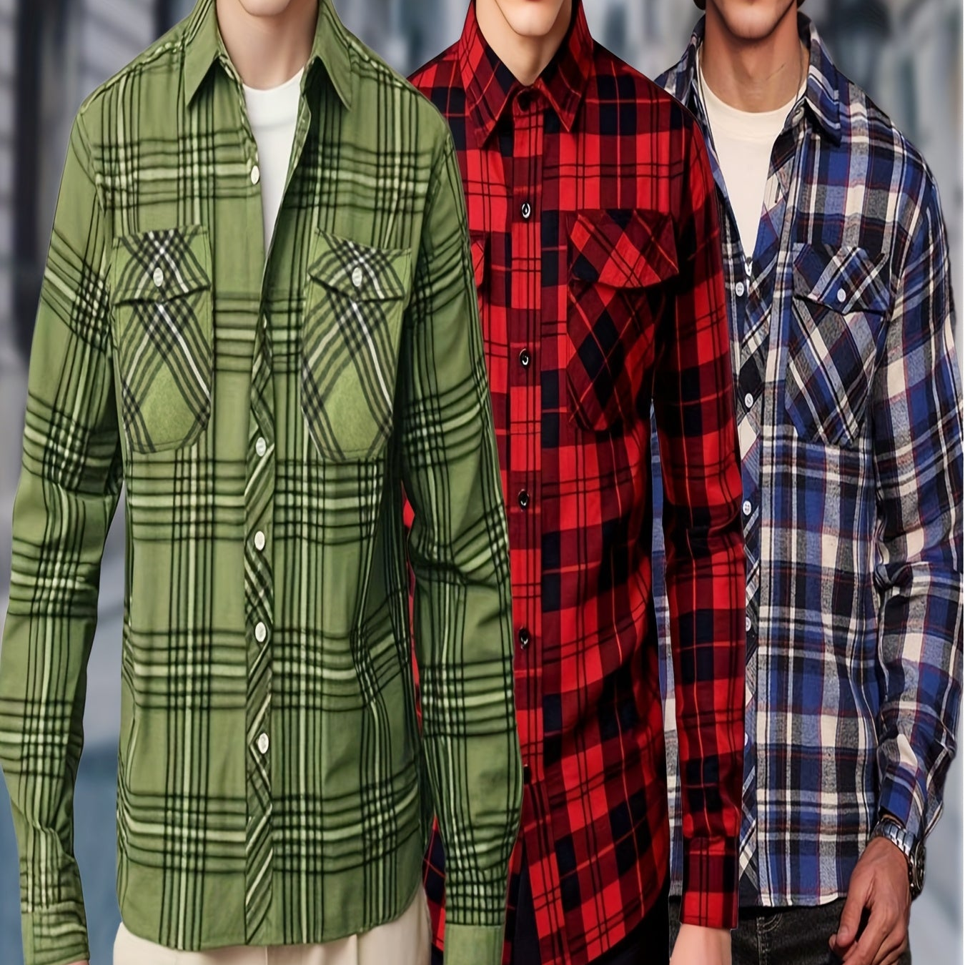 Chemise à Carreaux Homme Manches Longues à Col Classique et Poches Poitrine