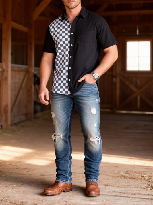Chemise homme à manches courtes style resort motif damier tendance urbaine