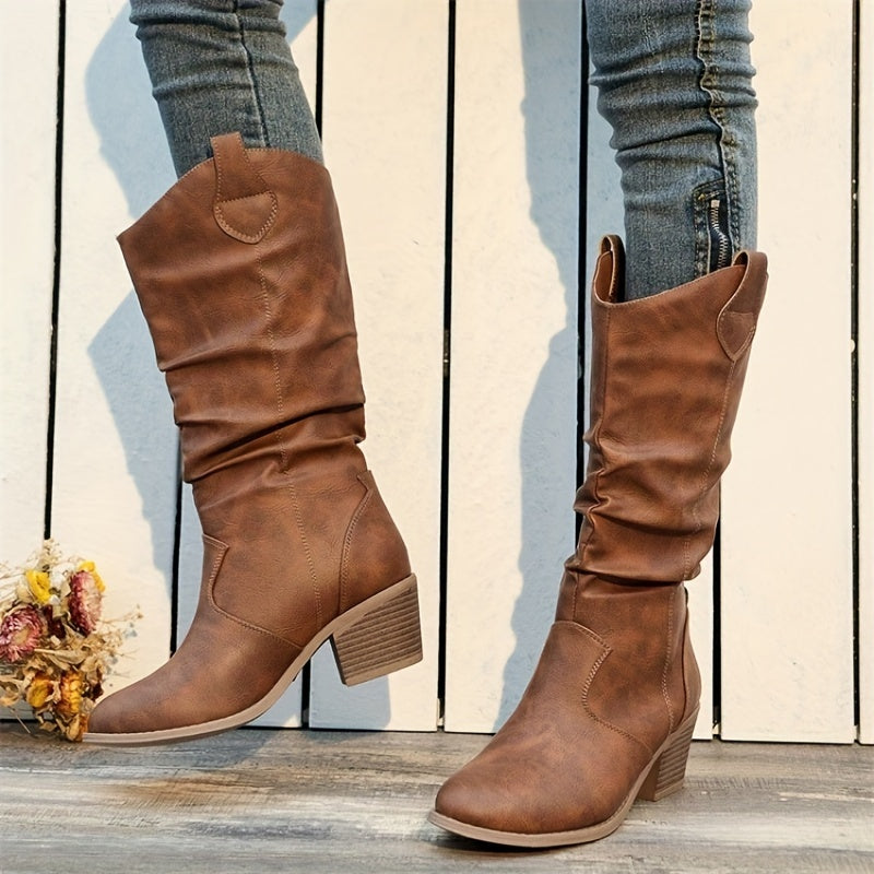 Light brown slouchy distressed-effect boots with block heel