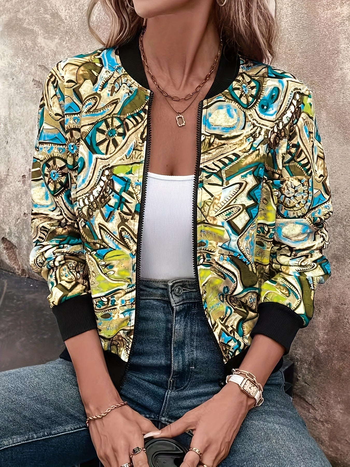 Lässige Damen-Bomberjacke mit grafischem Muster, Urlaubsstil