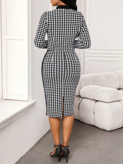 Ensemble jupe mi-longue et veste ouverte à motif pied-de-poule noir et blanc pour femme
