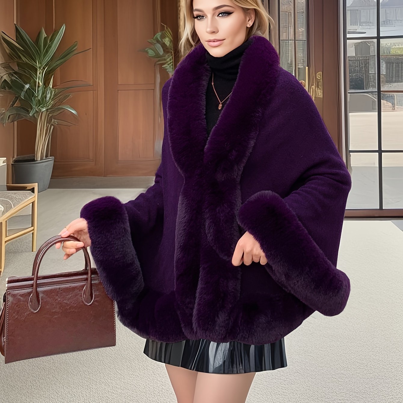 Cape poncho femme ample avec col et bordures en fausse fourrure pour hiver élégant