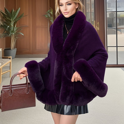 Cape poncho femme ample avec col et bordures en fausse fourrure pour hiver élégant