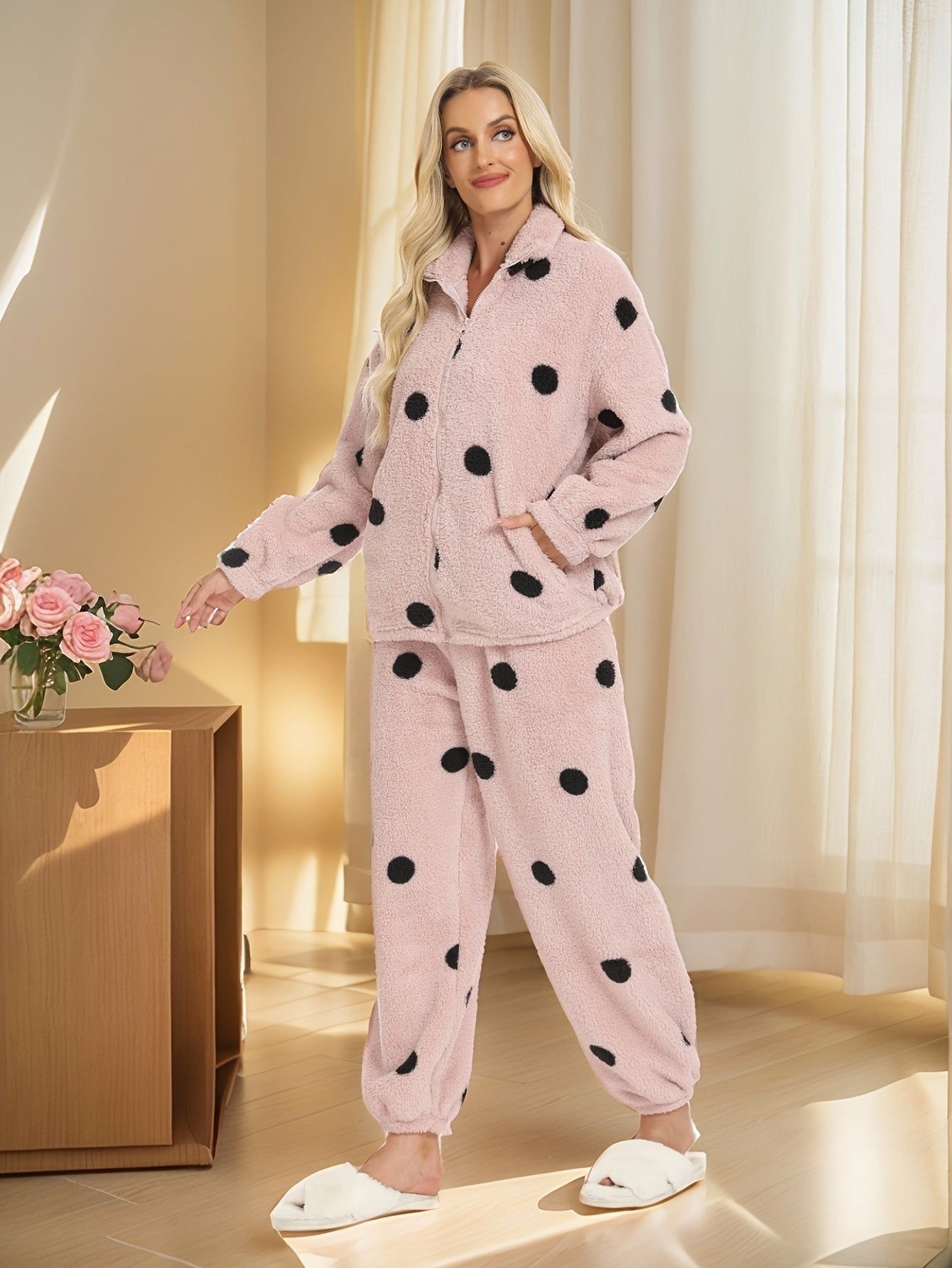 Pyjama Femme Doux Polaire Motif Pois Manches Longues Zip Intégral