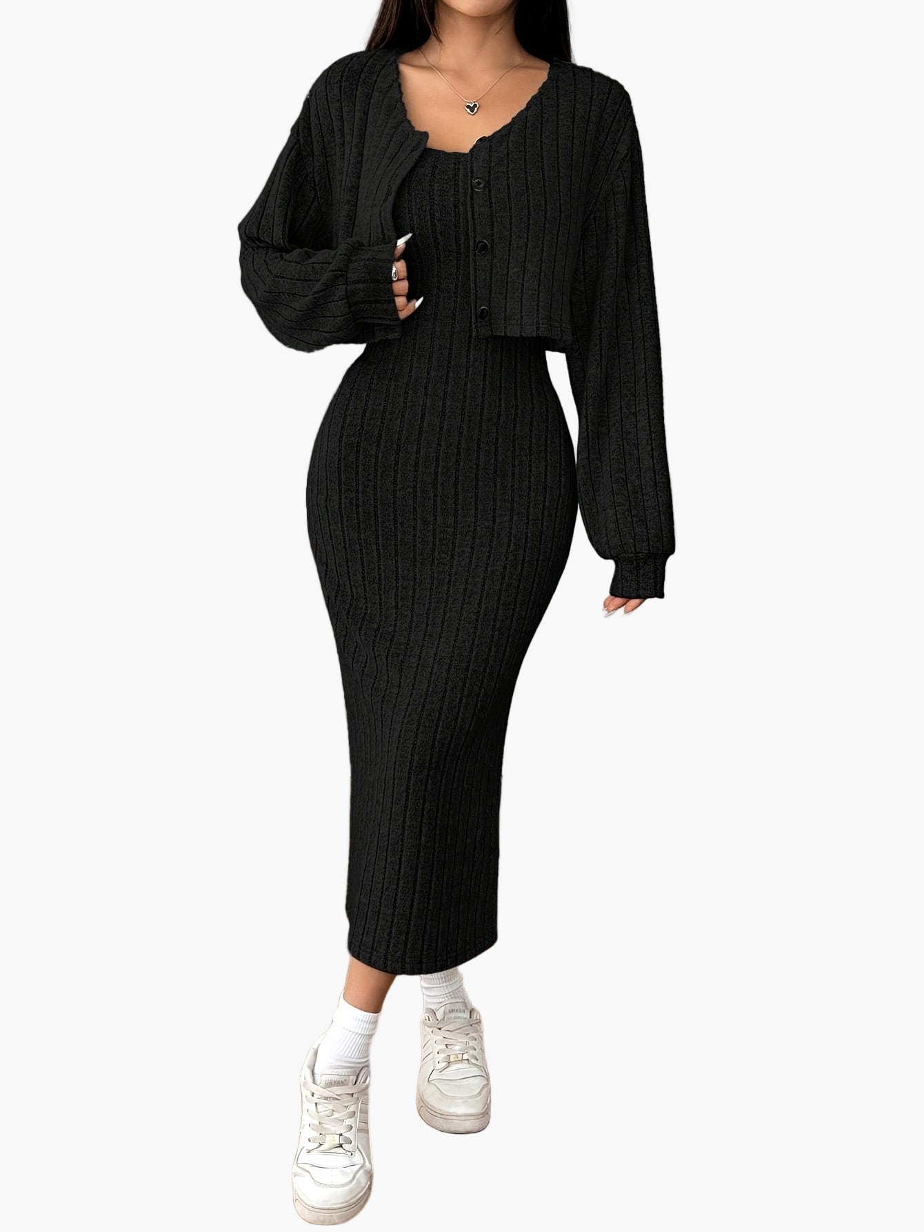 Completo Donna Elegante Due Pezzi Maglione con Bottoni e Gonna Lunga Stile Casual Primavera Autunno