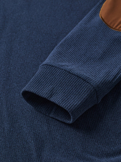 Pull Homme Col Montant Bleu Marine Crème avec Coudières Marron