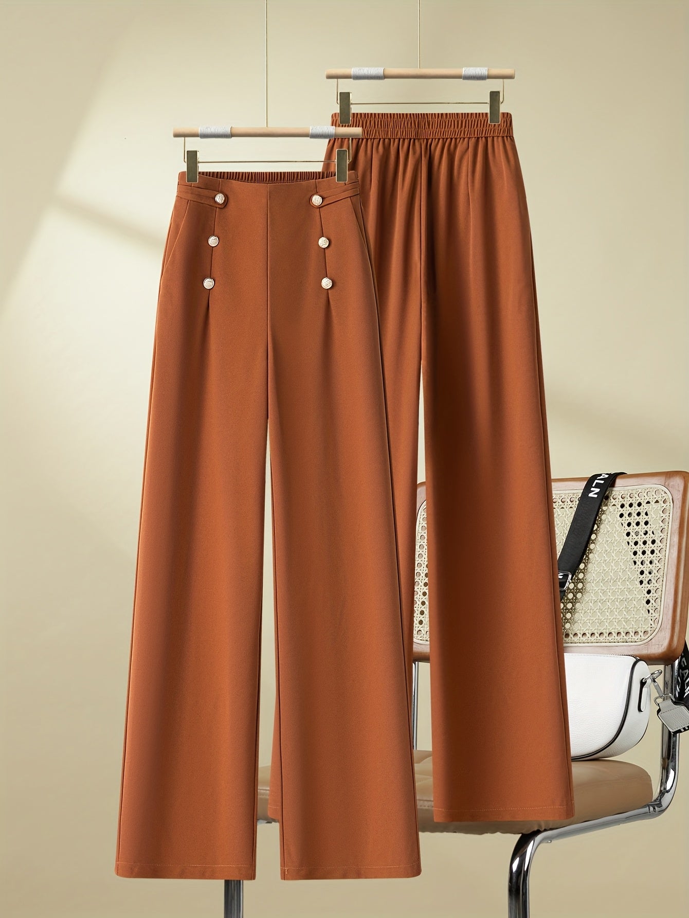 Pantalon large taille haute à boutons élégants pour femme - Style décontracté chic
