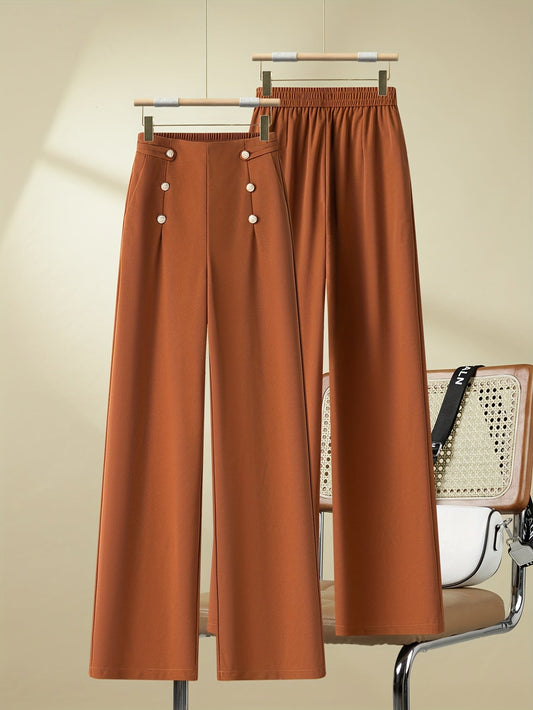 Pantalon large taille haute à boutons élégants pour femme - Style décontracté chic
