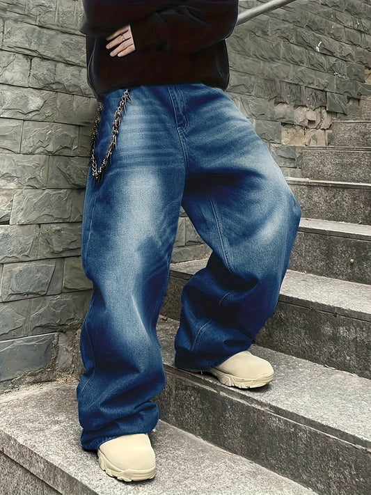Jean large délavé coupe baggy bleu foncé style urbain unisexe