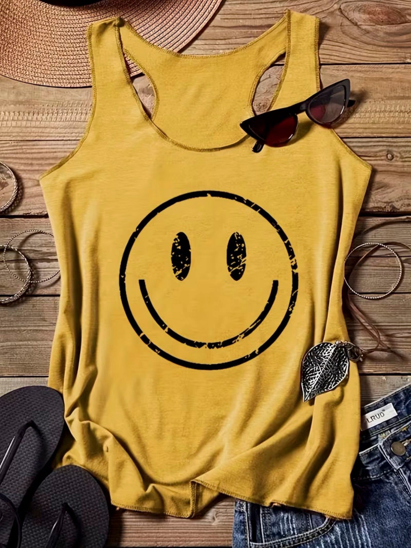 Top casual da donna con stampa smiley, stile estivo, ideale per il tempo libero
