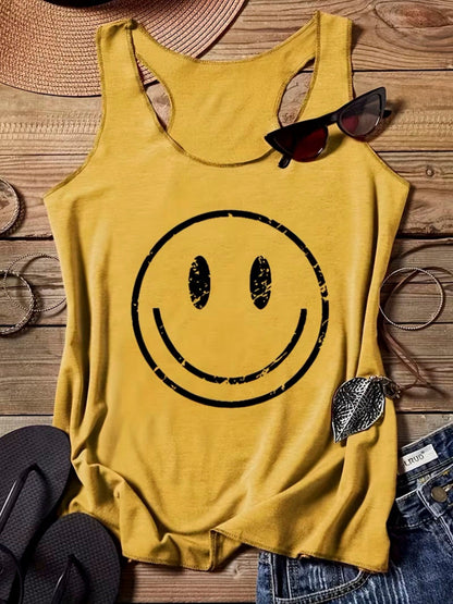 Top casual da donna con stampa smiley, stile estivo, ideale per il tempo libero