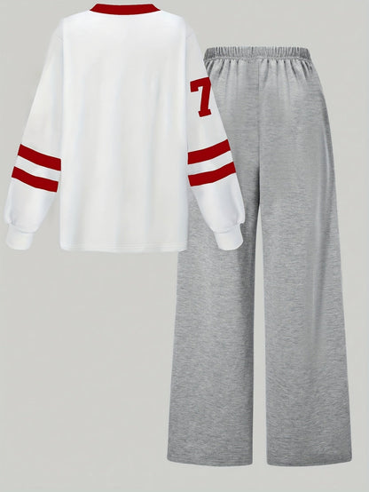 Ensemble Sport Décontracté Femme Col V Manches Longues & Pantalon Large Gris Los Angeles