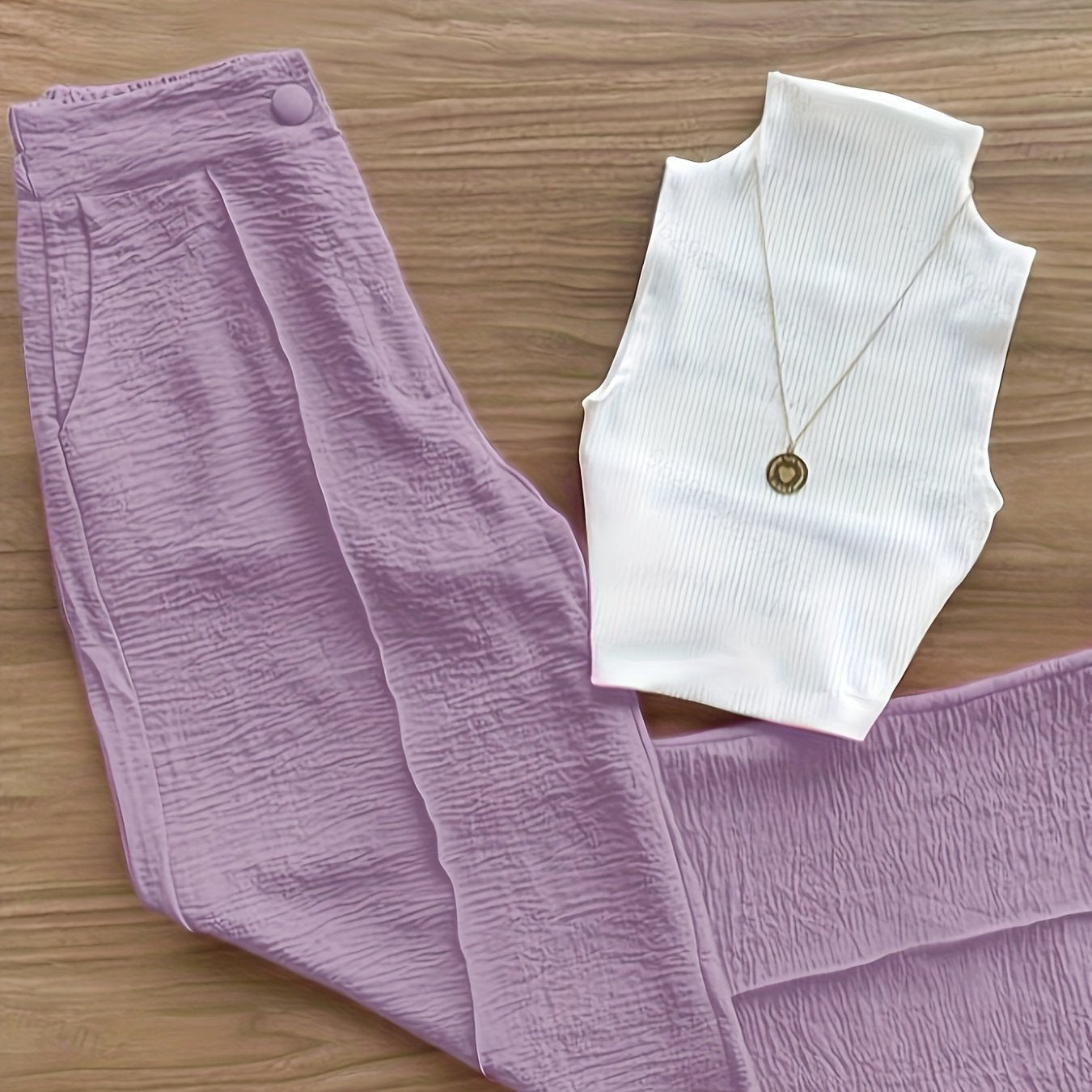 Ensemble élégant femme – Débardeur sans manches et pantalon taille haute – Idéal printemps/été