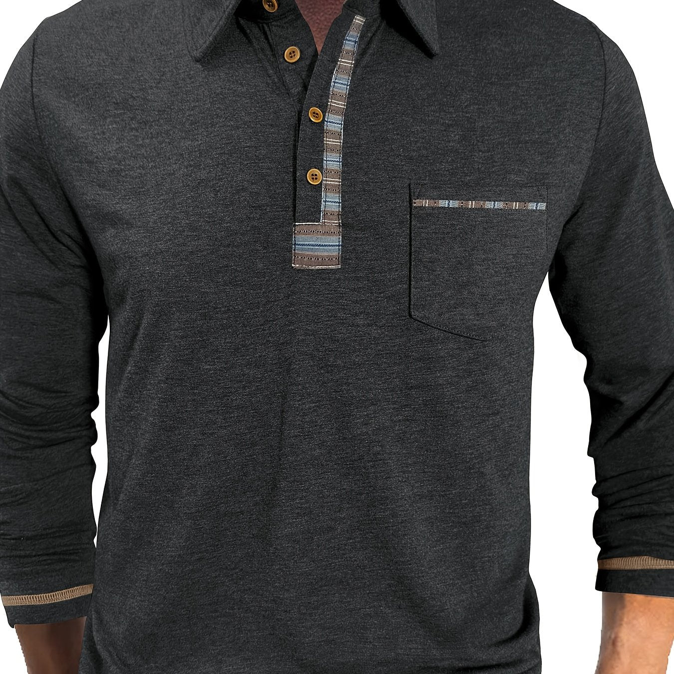 Polo Homme Manches Longues Détails Ethniques Boutons Beige
