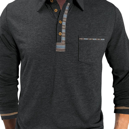 Polo Homme Manches Longues Détails Ethniques Boutons Beige