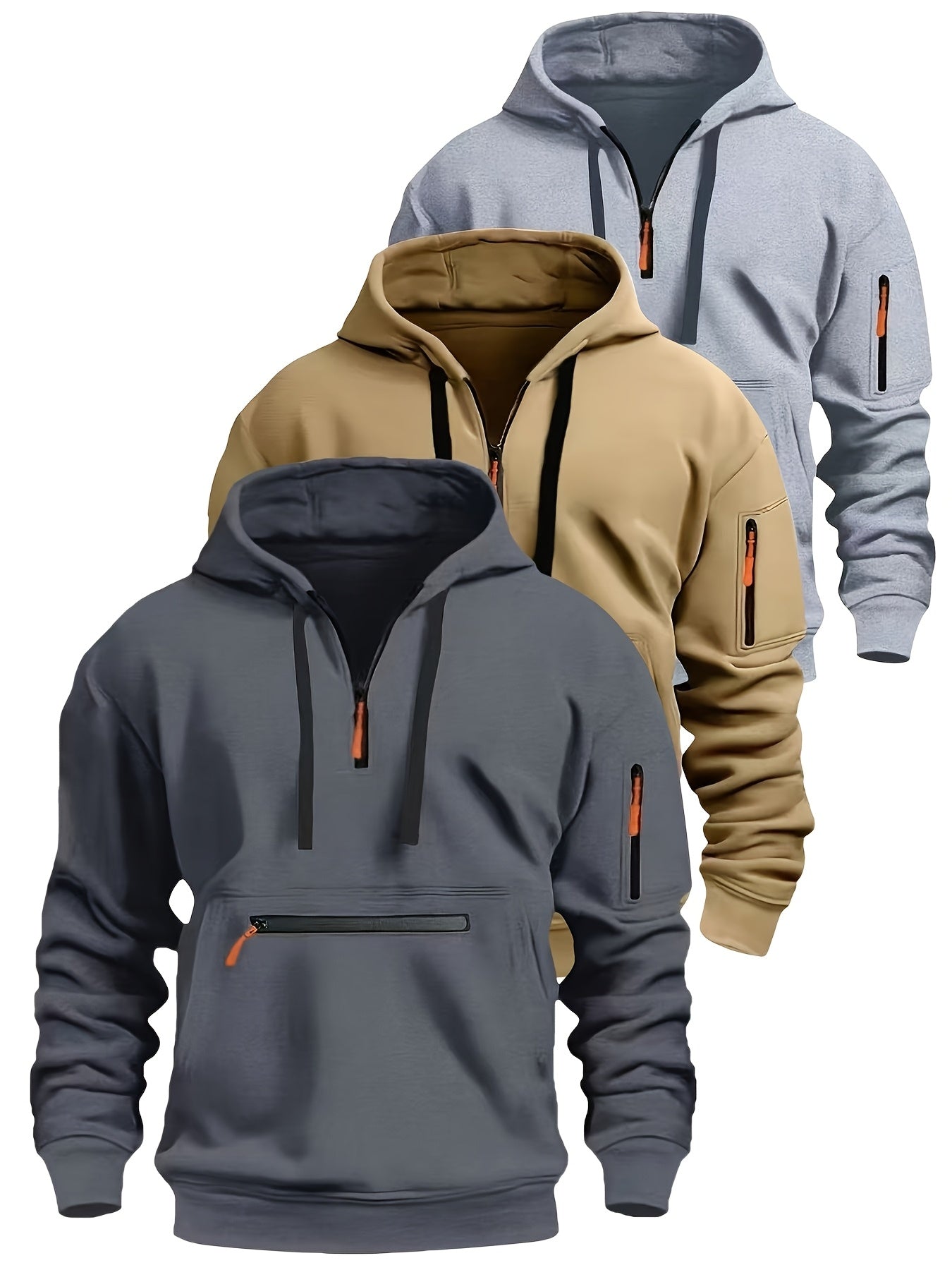 Sweat à Capuche Homme Zippé Mi-long avec Poche Kangourou et Manches Zippées