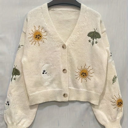 Cardigan court en maille pour femme, col en V, manches longues, motifs soleil et lune brodés