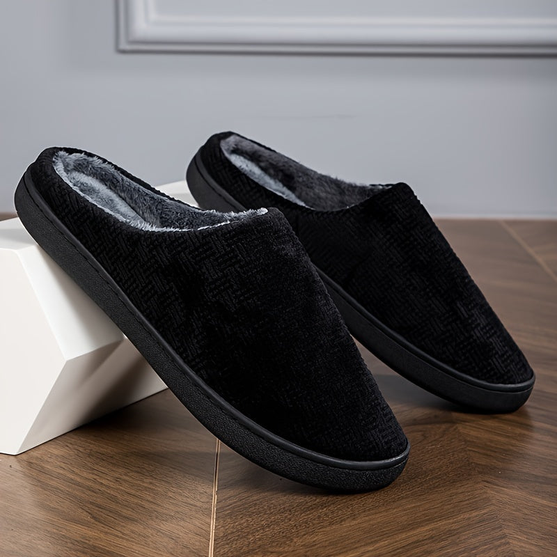Pantoufles d'intérieur homme noires doublées, motif texturé discret, confortables et chaudes