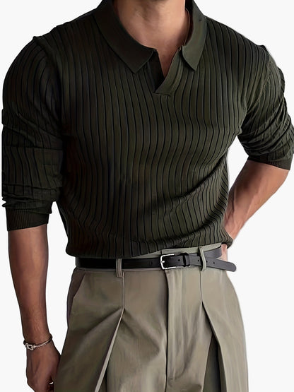 Polo hombre elegante de manga larga estilo casual con cuello abierto – Ideal otoño/invierno
