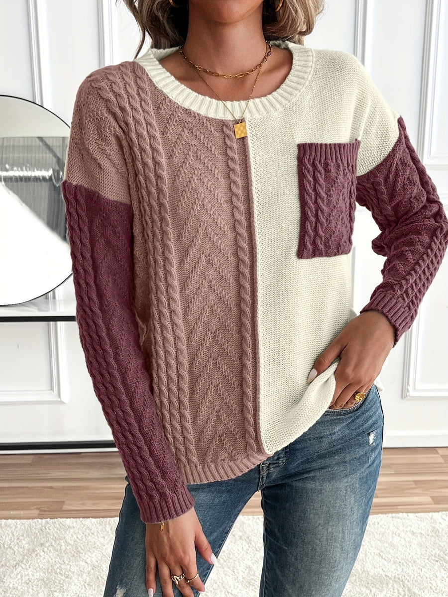 Pull Femme Maille Torsadée Bicolore Crème Vert avec Poche Plaquée