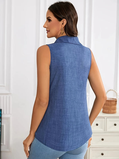 Ærmeløs damebluse i elegant polo-stil til sommeren