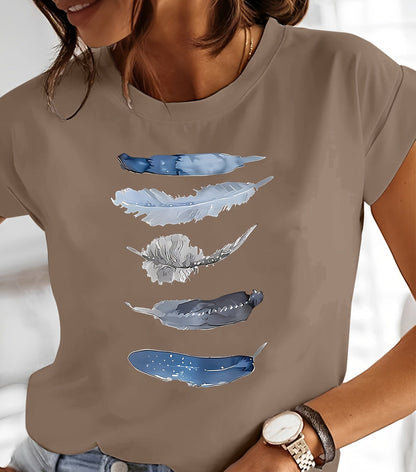 T-shirt Femme Style Décontracté avec Motif Plumes Artisitique – Idéal Pour le Printemps et l'Été