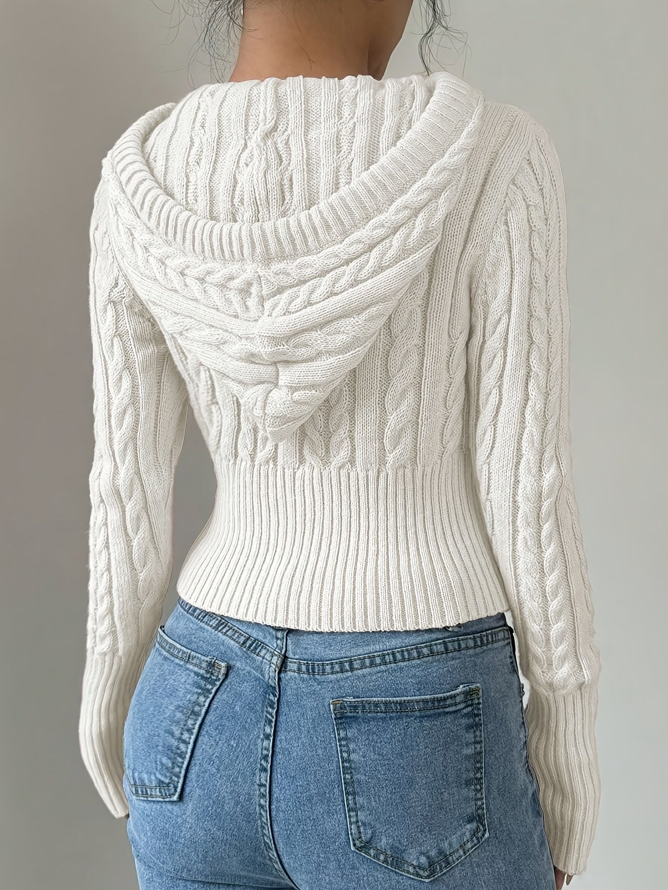 Sweat à capuche Femme tricoté torsadé court avec zip et cordon de serrage