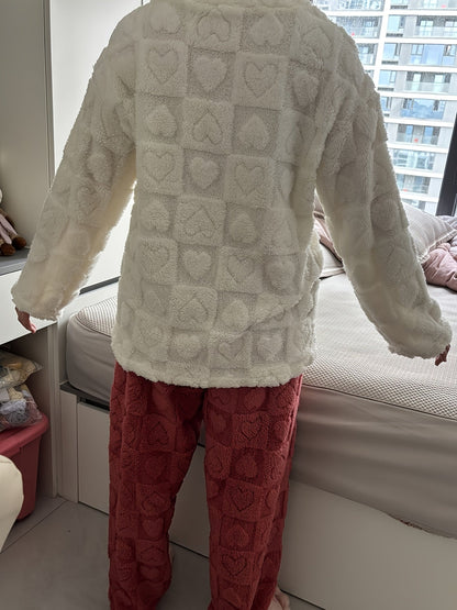 Pyjama Femme Doux Bicolore Motif Cœurs avec Poche Poitrine