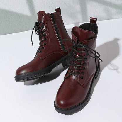 Bottes chelsea femme bordeaux à lacets et fermeture éclair latérale, semelle épaisse
