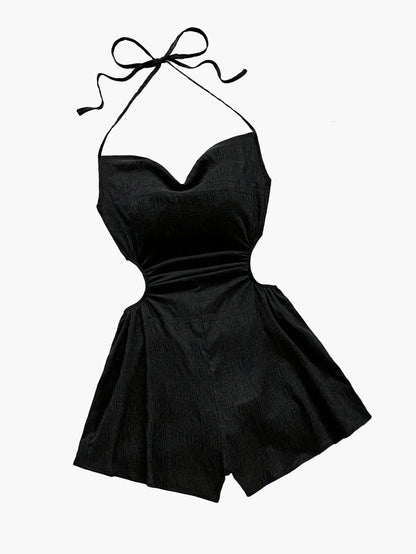 Elegant Women's Romper with Cowl Neck and Open Back – Vacation Style, Modern Fit
